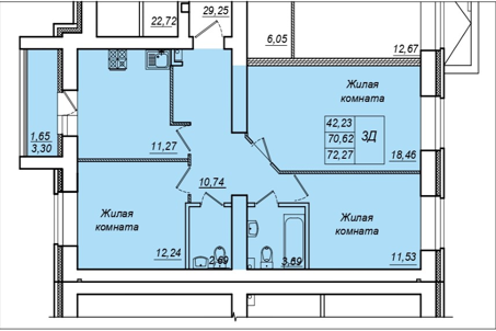 3-комнатная,72.27 м² в ЖК Радужный-2