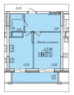 1-комнатная,42.6 м² в ЖК Мечта