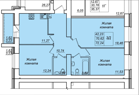 3-комнатная,72.24 м² в ЖК Радужный-2