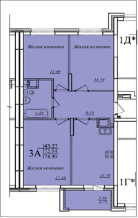 3-комнатная,74.9 м² в ЖК Мечта