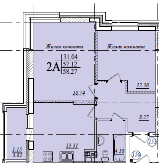 2-комнатная,58.27 м² в ЖК Мечта