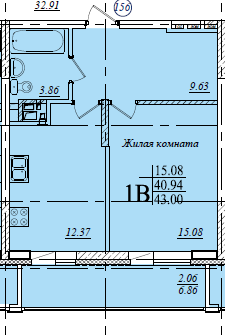 1-комнатная,43 м² в ЖК Мечта