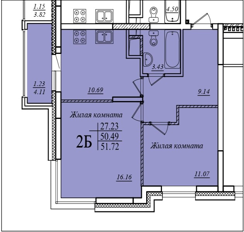 2-комнатная,51.72 м² в ЖК Мечта