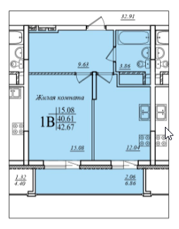 1-комнатная,42.67 м² в ЖК Мечта