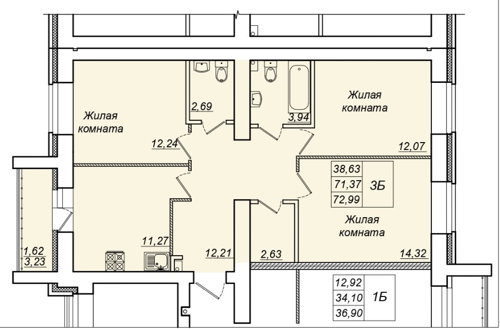 3-комнатная,72.99 м² в ЖК Радужный-2