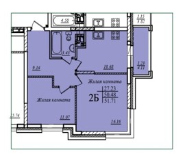 2-комнатная,51.71 м² в ЖК Мечта