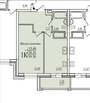 1-комнатная,39.38 м² в ЖК Мечта