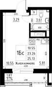 1-комнатная, 25.13м²