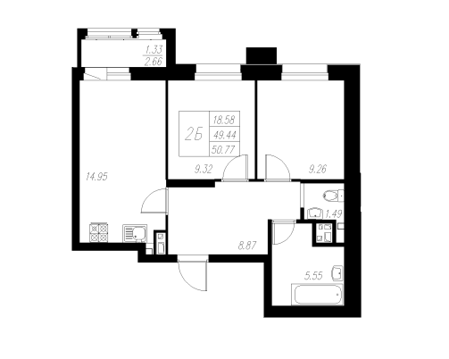 2-комнатная,50.77 м² в ЖК Статный