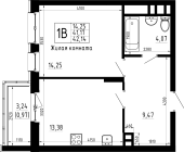 1-комнатная, 42.14м²
