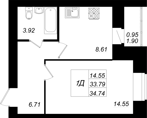 1-комнатная,34.74 м² в ЖК Радужный-2