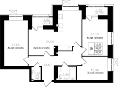3-комнатная, 92.58м²