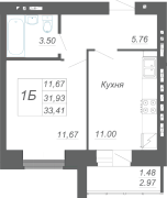1-комнатная, 33.41м²