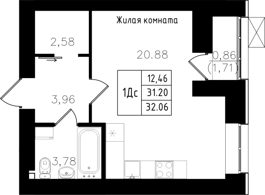 1-комнатная,32.06 м² в ЖК Династия