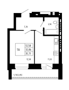 1-комнатная, 35.71м²