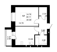 1-комнатная, 40.58м²