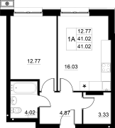 1-комнатная, 41.02м²