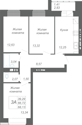 3-комнатная,68.13 м² в ЖК Радужный-2