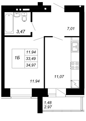 1-комнатная,34.97 м² в ЖК Радужный-2