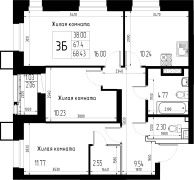3-комнатная, 68.71м²