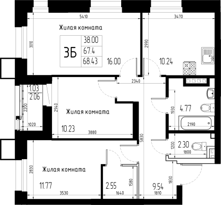 3-комнатная,68.71 м² в ЖК Статный