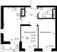 2-комнатная, 53.17м²