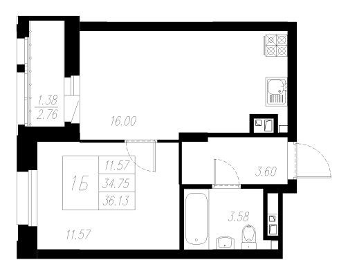 1-комнатная,36.13 м² в ЖК Статный