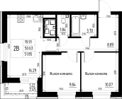 2-комнатная, 51.85м²