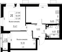 2-комнатная, 57.39м²