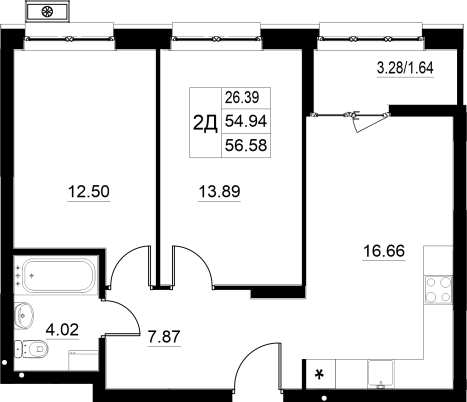 2-комнатная,56.58 м² в ЖК Династия