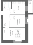 2-комнатная, 52.15м²