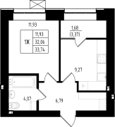 1-комнатная, 33.74м²