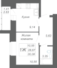 1-комнатная, 30.08м²