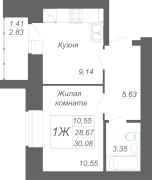 1-комнатная, 30.08м²