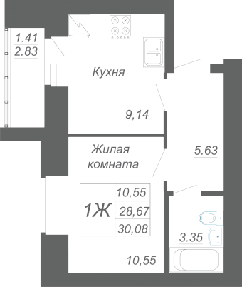 1-комнатная,30.08 м² в ЖК Радужный-2