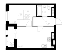 1-комнатная, 39.29м²