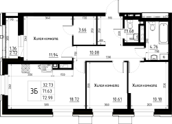 3-комнатная, 72.99м²
