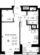 1-комнатная, 36.78м²