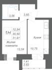 1-комнатная, 31.91м²