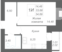 1-комнатная, 34.69м²