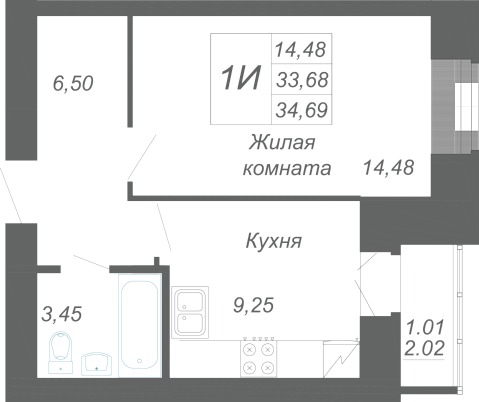 1-комнатная,34.69 м² в ЖК Радужный-2