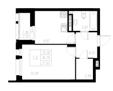 1-комнатная, 37.55м²