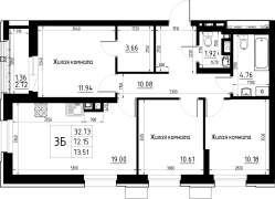 3-комнатная, 73.51м²