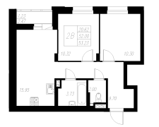 2-комнатная, 53.23м²