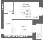 1-комнатная, 36.88м²