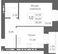 1-комнатная, 36.88м²