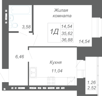 1-комнатная,36.88 м² в ЖК Радужный-2