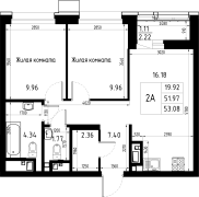 2-комнатная, 53.08м²