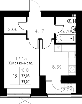 1-комнатная,33.07 м² в ЖК Династия