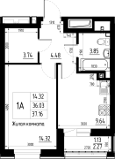 1-комнатная, 37.16м²